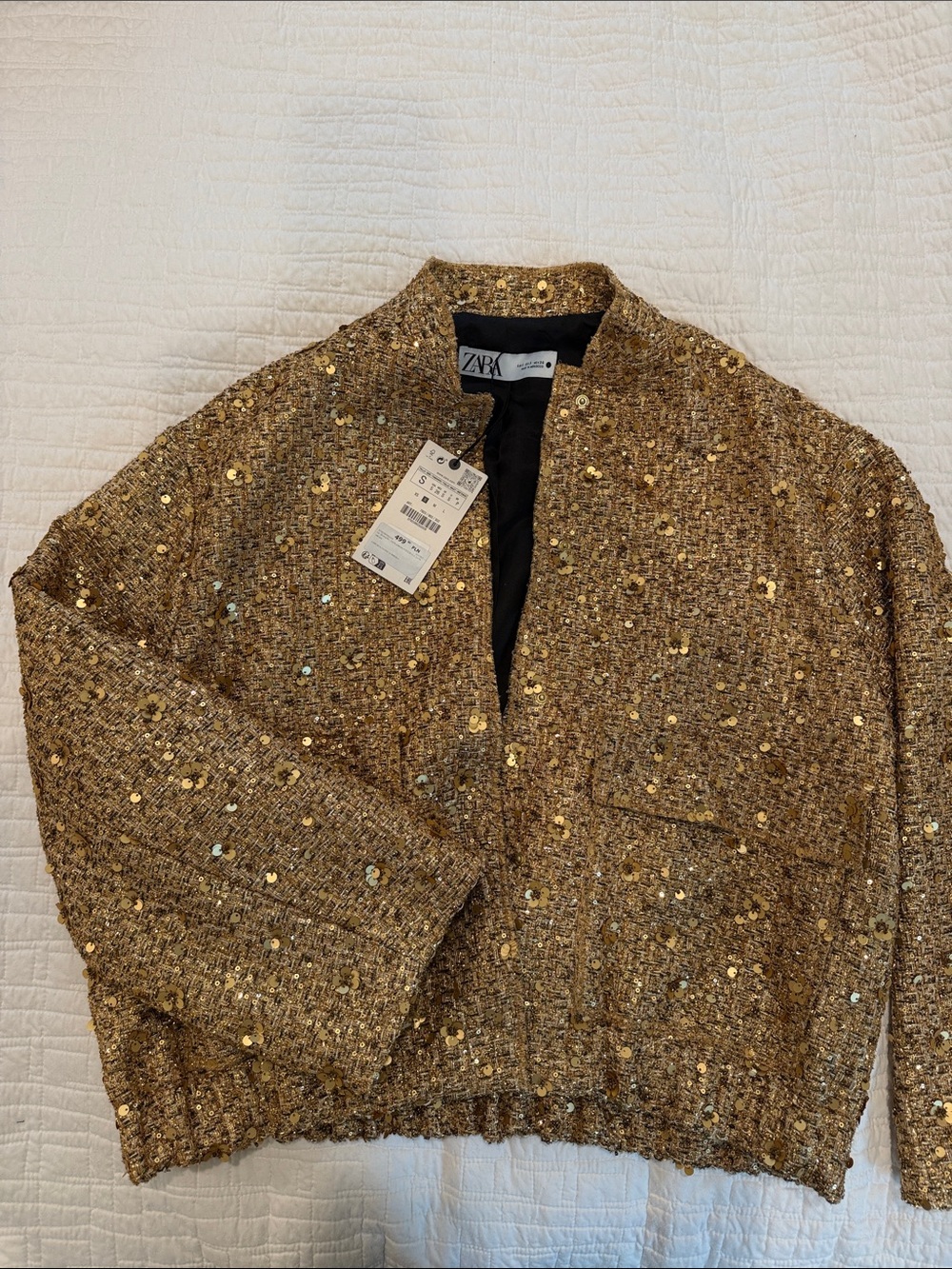 ZARA NWT Gold Tweed & Sequin Bomber Jacket Size Small ✨